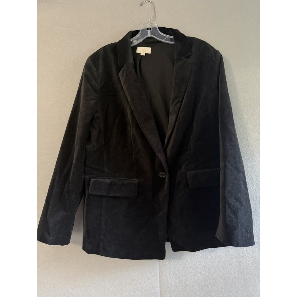 LOFT Blazer Womens 16 Black Velvet One Button Lined Jacket Stretch Tailored